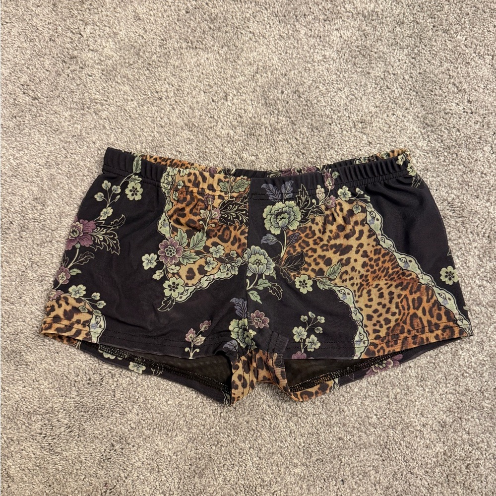 Musera Floral and Leopard Print Black Low Waisted Mini Shorts